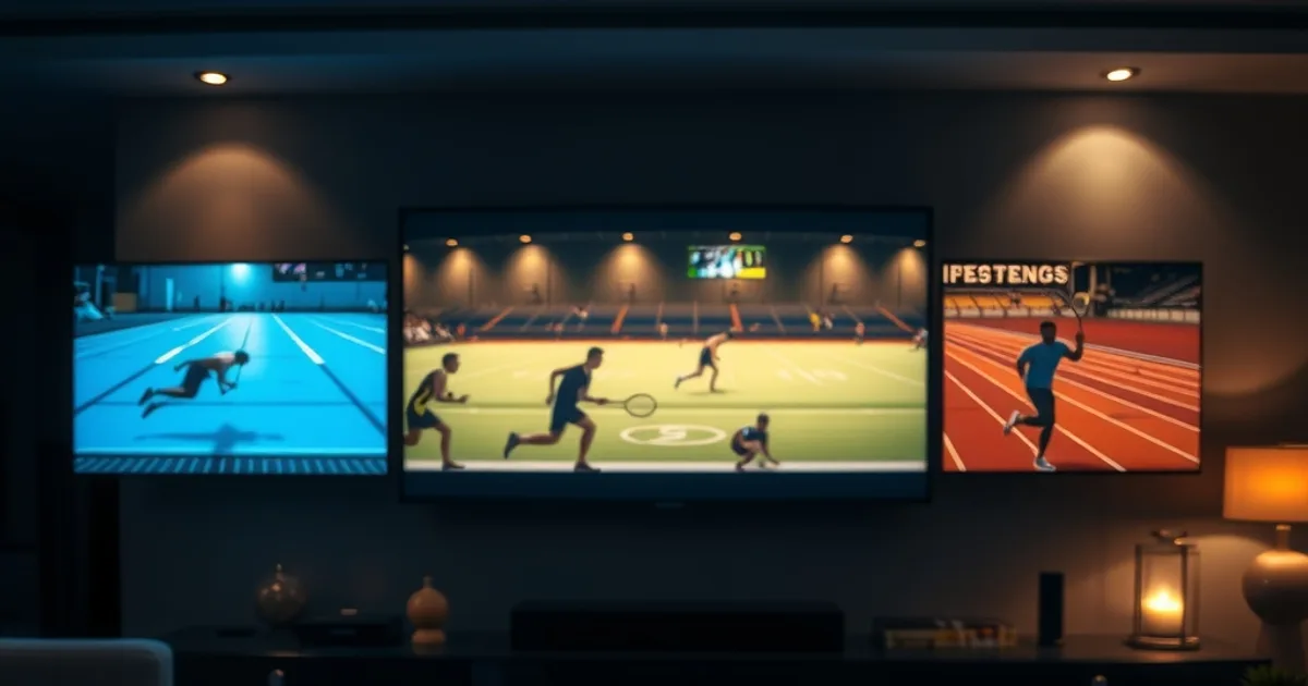 Dark living room at night with a wall-mounted TV showing a multi-view grid of different live sports, lit by soft blue and amber ambient light