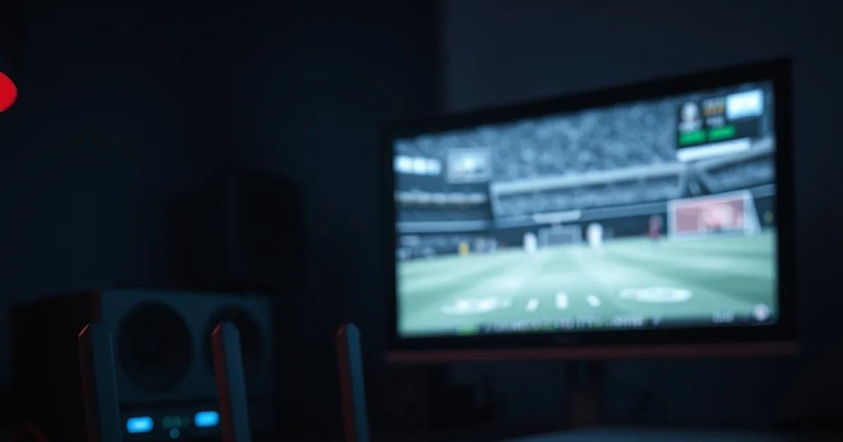 A router with a glowing status light beside a TV screen frozen mid-broadcast on a dark desk, symbolizing an ISP throttling a live stream