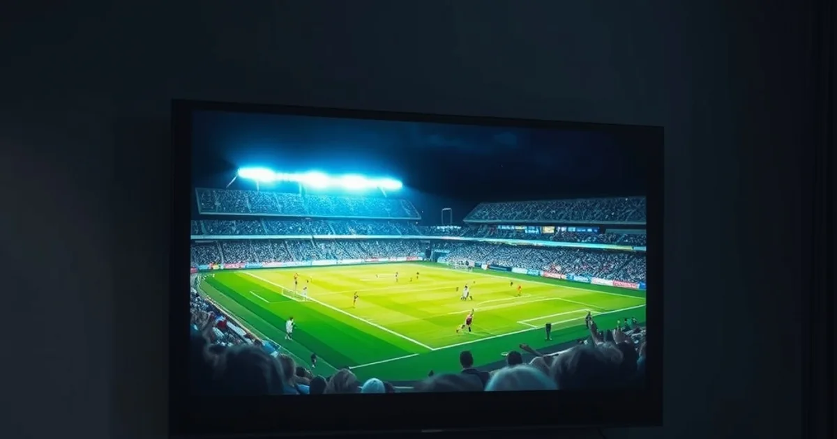 A dark living room at night with a wall-mounted 4K television glowing with vivid HDR football stadium lighting, a streaming device visible on the console below