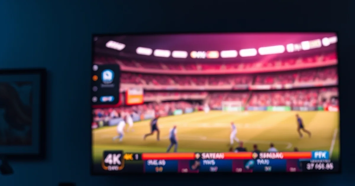 Android TV streaming box on a console beneath a television showing a vivid 4K broadcast in a dark, cinematic living room