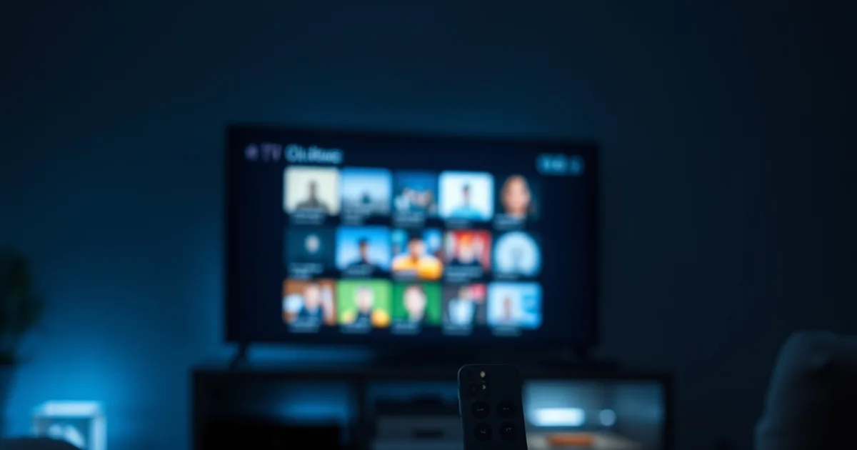 Apple TV remote and an iPhone glowing in a dark room, with a TV in the background showing a channel guide grid