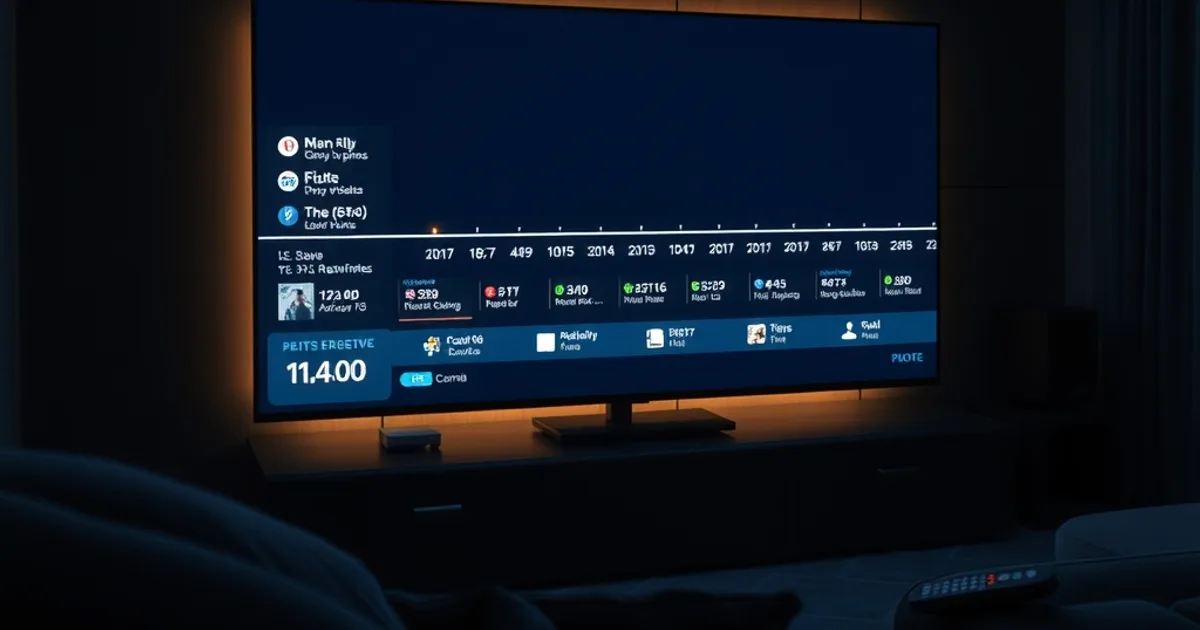 A dark living room at night lit by a smart TV showing a scrolling program guide timeline with rewind icons on past broadcasts