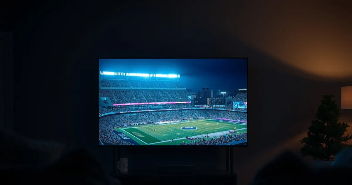 Dark living room lit by a wall-mounted TV streaming a night college football game, remote and streaming device in the foreground