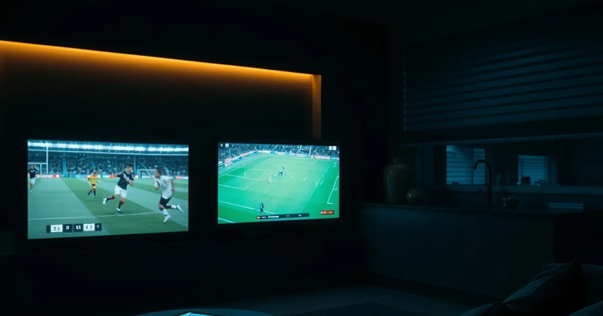 A dark living room at night with a TV, tablet, and phone each streaming different content simultaneously, illustrating a household with multiple concurrent IPTV streams