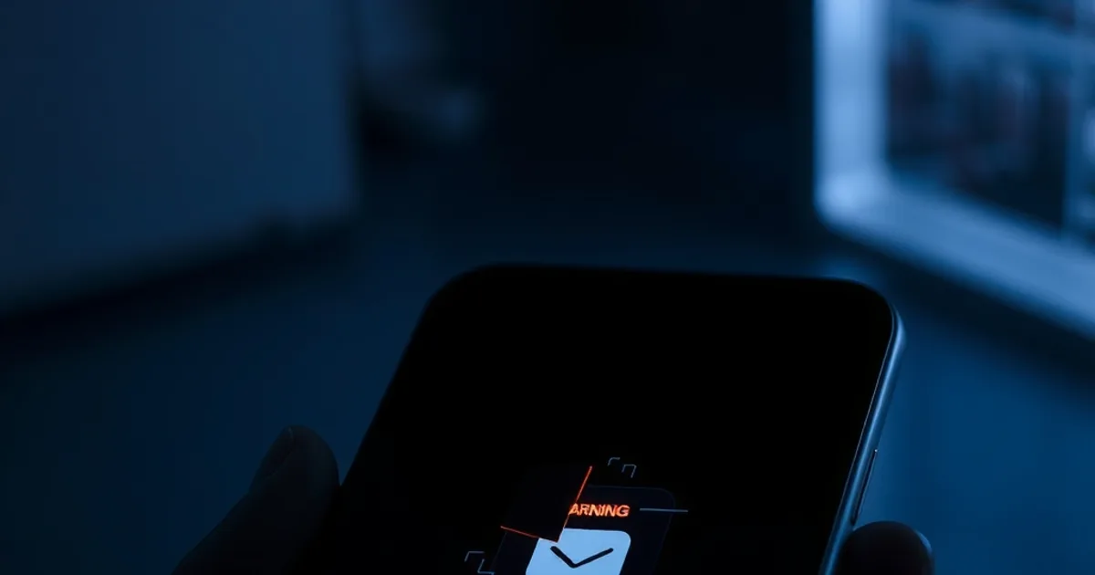 A smartphone in a dark room displaying a glitching, duplicated app icon suggesting a counterfeit application overlay, lit with a faint red warning glow