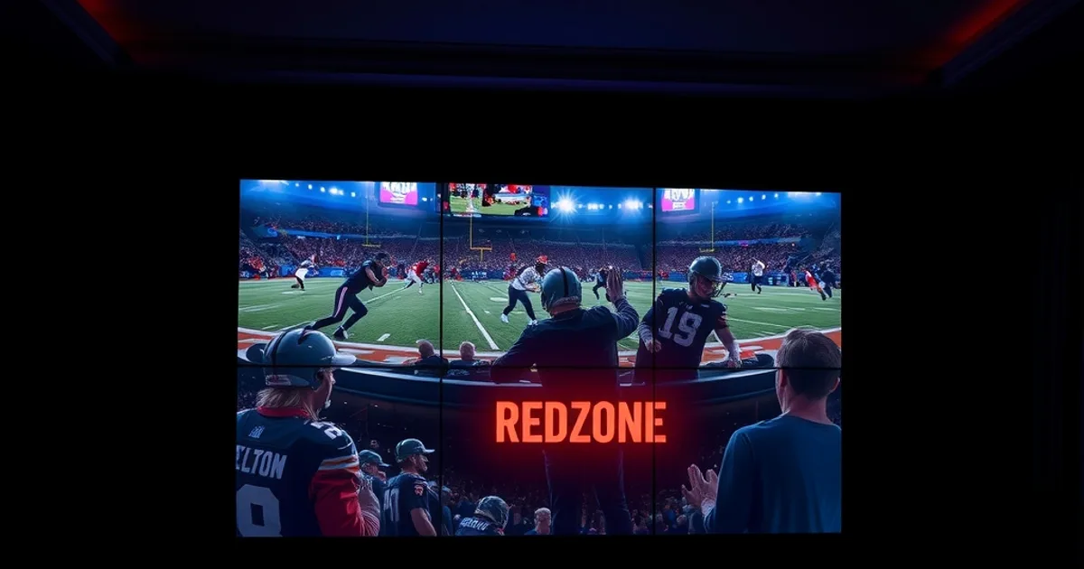 Dark home theater setup with a TV showing a multi-view split screen of football games including a red-tinted RedZone panel, and a glowing tablet nearby