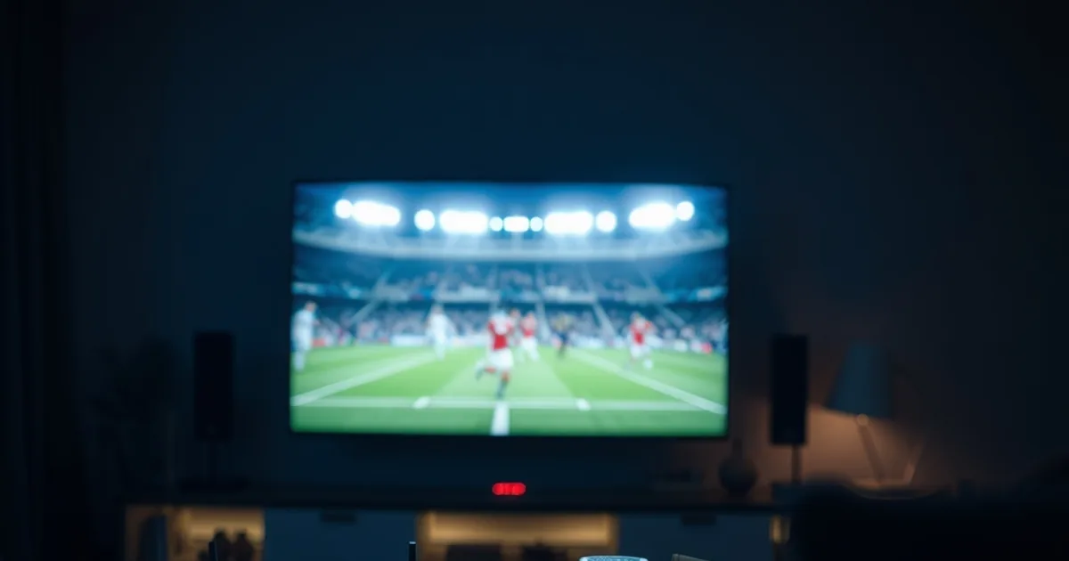 A dark living room at night with a TV showing a football match, an ethernet cable and router glowing faintly on a nearby shelf