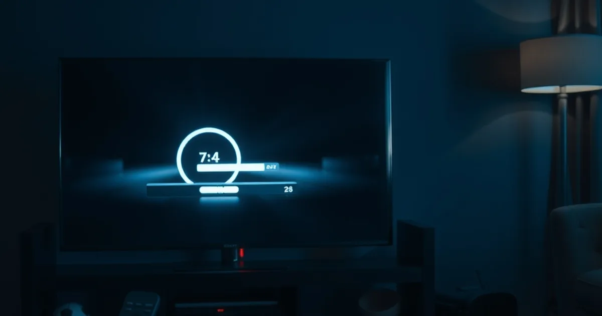 A dark living room at night with a TV screen showing a stalled loading spinner, a streaming box and remote on a console table, and a football softly blurred in the foreground