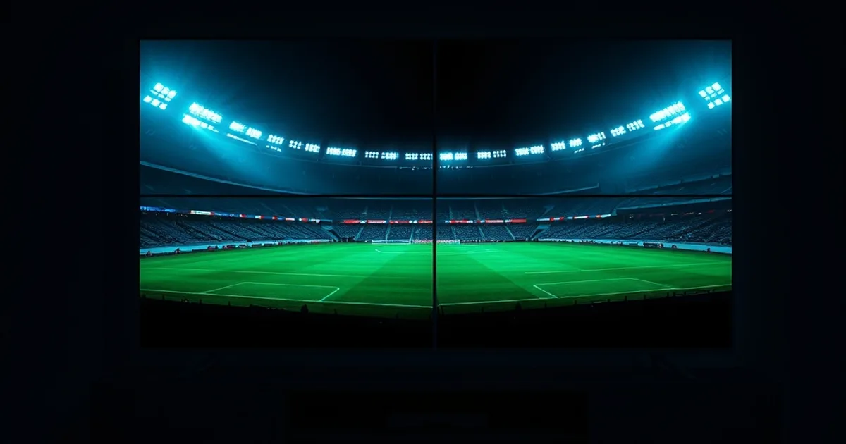 A dark living room with a TV displaying four simultaneous football match streams in a multi-view grid layout