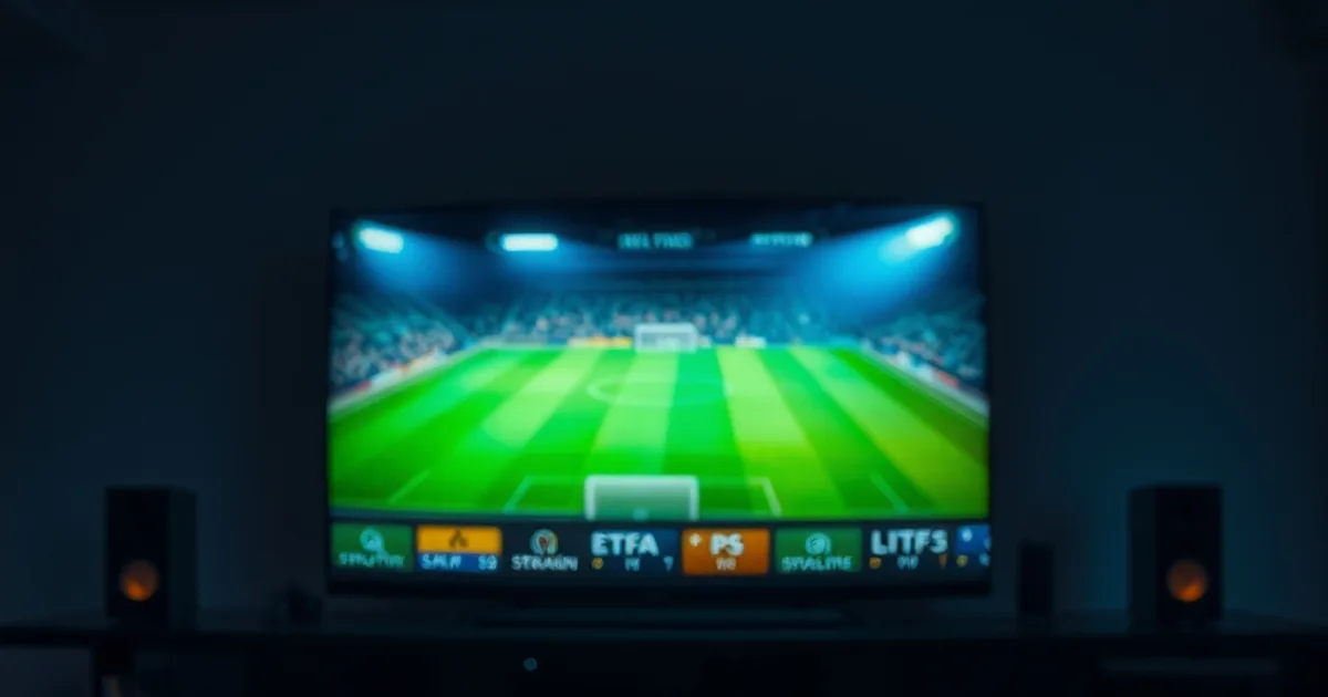 Dark living room lit by a TV glowing with stadium floodlight colors, a streaming remote on the table in the foreground, capturing the mood of a Premier League match night