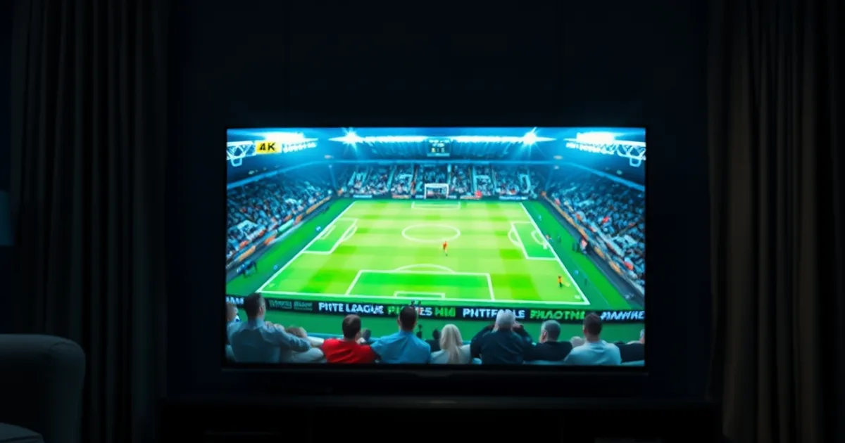 A dark living room lit only by a large screen showing a sharp, vivid 4K Premier League football match at night