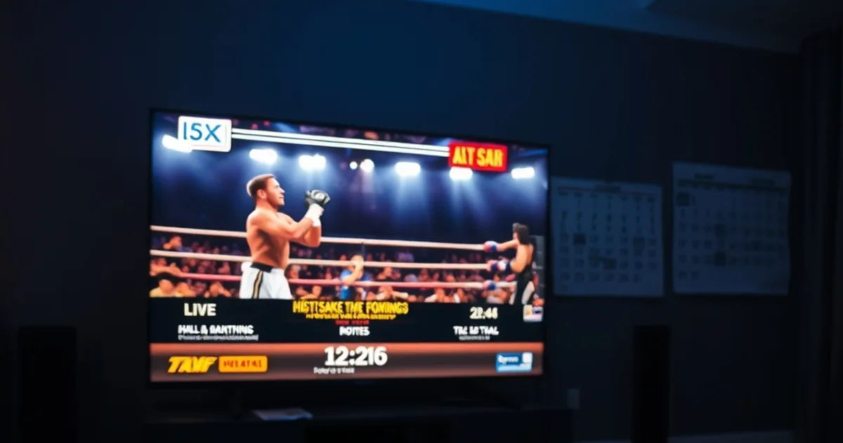A dimly lit living room just before midnight, a large flat-screen TV displaying a high-stakes boxing match broadcast in crisp 4K with a live scoreboard overlay, a black remote control resting in the foreground on a couch armrest, a wall calendar visible in the background with many days crossed off marking a 30-day test tally, cool blue TV glow washing over the room