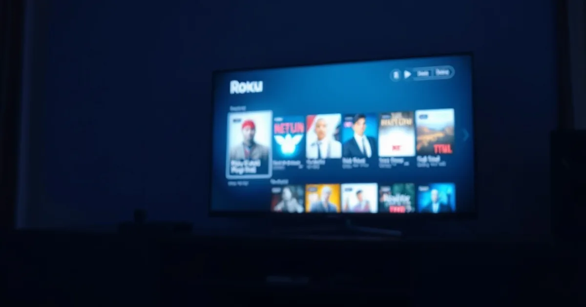 A Roku streaming device plugged into a TV displaying a live channel grid in a dark, moody living room at night