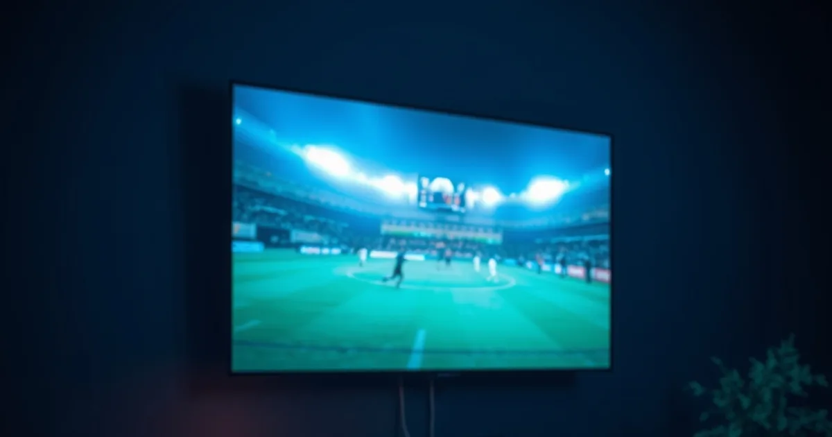 Dark home theater room with a glowing screen showing a live football match, streams of light connecting a router to a streaming box in a cinematic low-light setting
