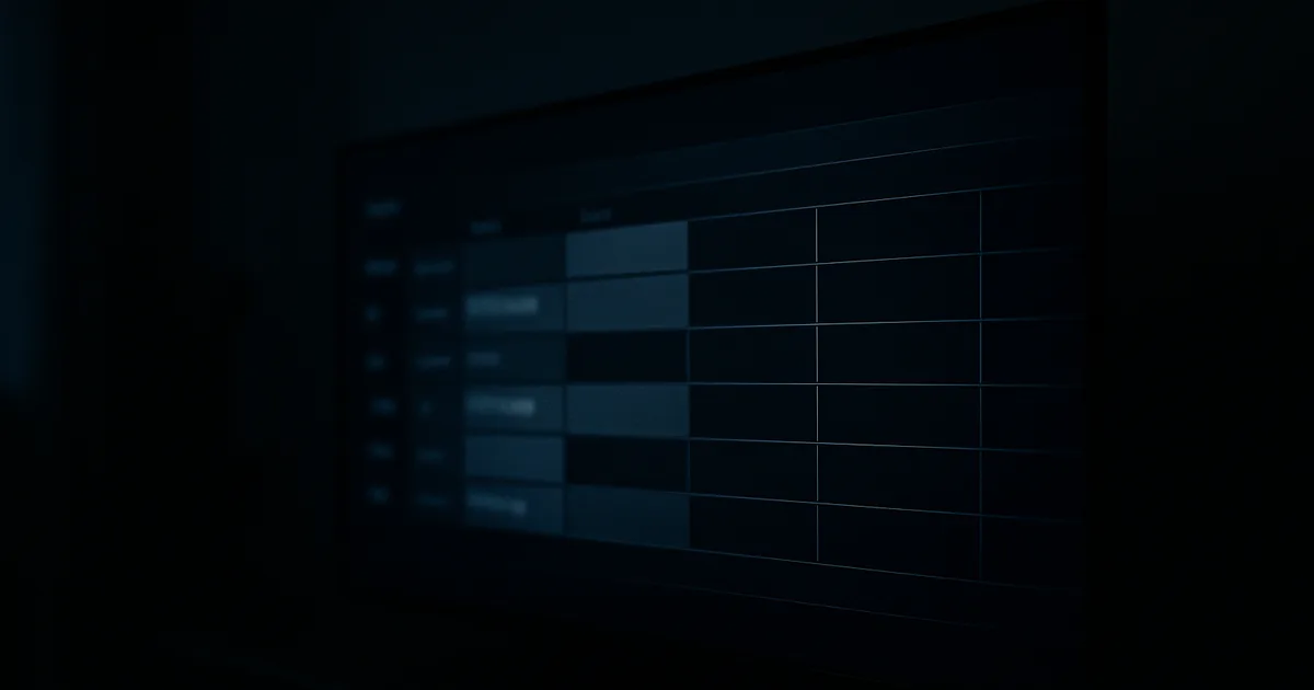 A TV screen in a dark room displaying a program guide grid, with some rows showing program data and others left blank