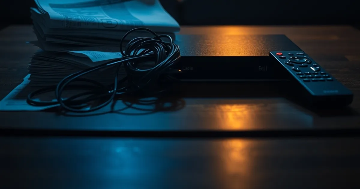Dark cinematic still life contrasting a dusty cable set-top box and unopened bills with a sleek glowing streaming device on a modern coffee table at night