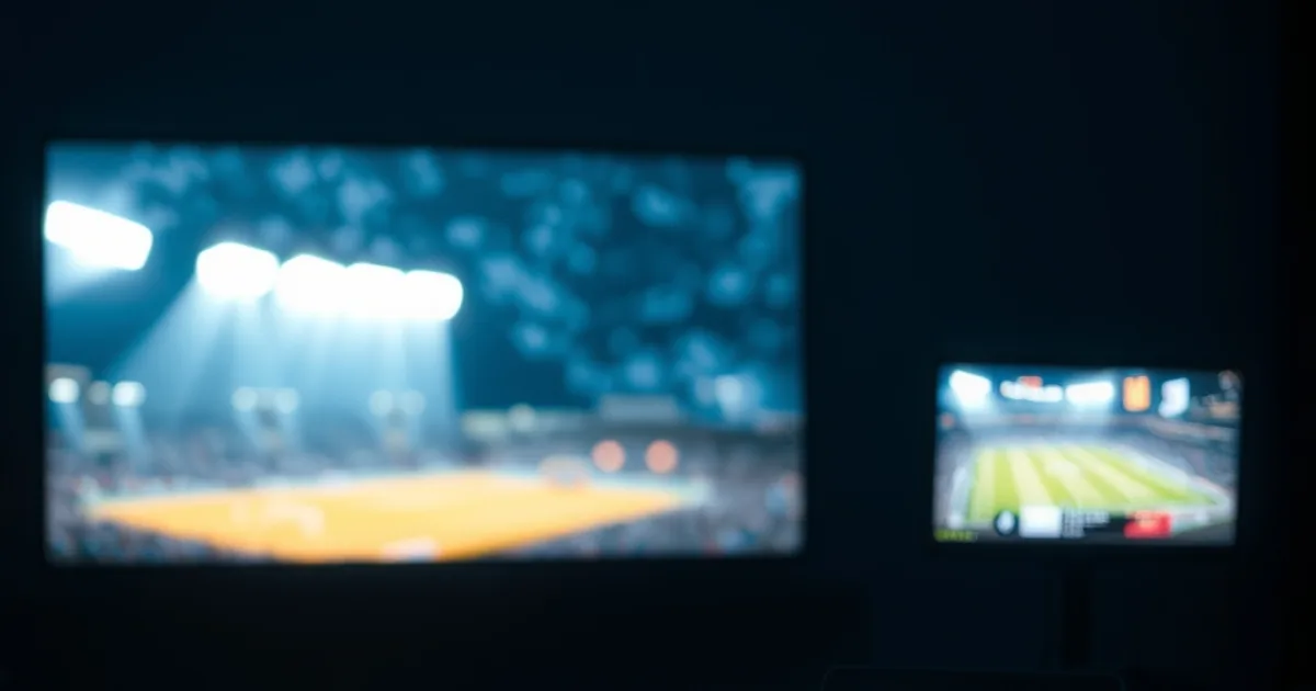 A dark living room lit by a television and a second tablet screen, both glowing with the ambient light of live sports broadcasts