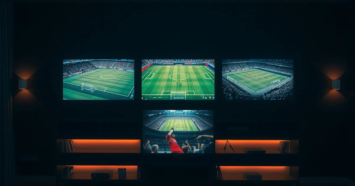 Dark, cinematic living room with multiple screens streaming live football and soccer broadcasts simultaneously, glowing network light trails suggesting redundant streaming infrastructure in the background
