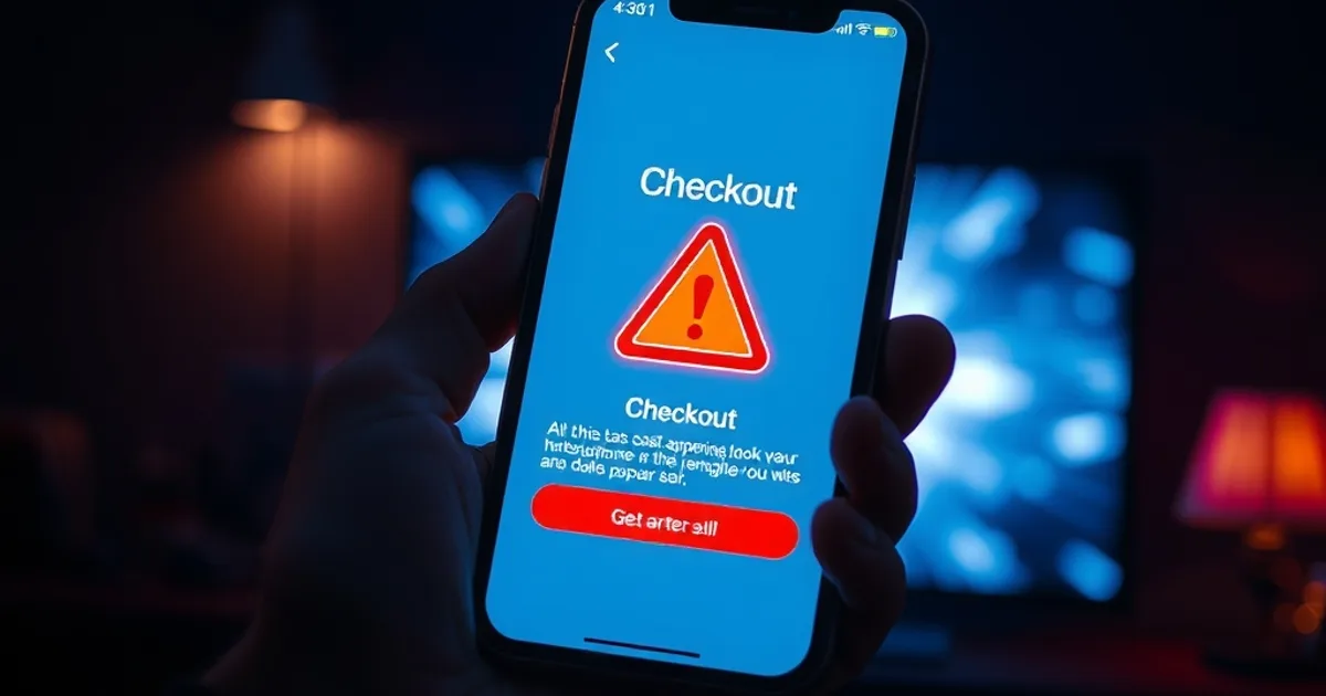 A hand holding a phone with a red warning icon on a payment screen, a static-filled TV glowing faintly in the dark background