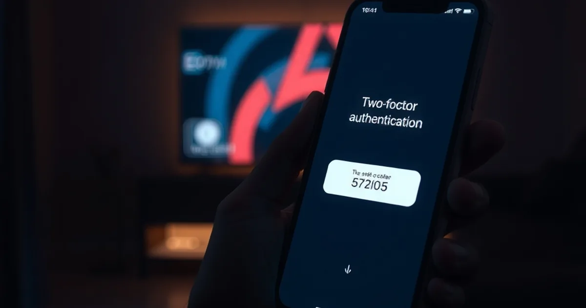 A hand holding a smartphone showing a two-factor authentication prompt, with a streaming TV screen glowing softly in the dark background