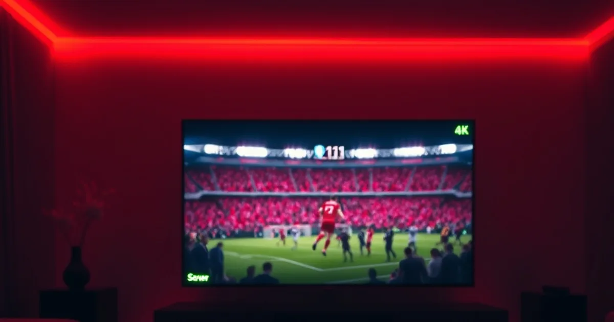 A dark, tense living room at night lit mostly by a large flat-screen TV showing a high-stakes football derby match in sharp 4K, red-and-black ambient lighting glowing off the walls in a sports-energetic brand palette, a small server-signal icon in the corner of the screen glowing a steady unbroken green, a black remote control resting on a couch armrest in the foreground, faint reflections of the crowd and scoreboard visible on a glass coffee table, conveying calm reliability amid a high-pressure live sports moment