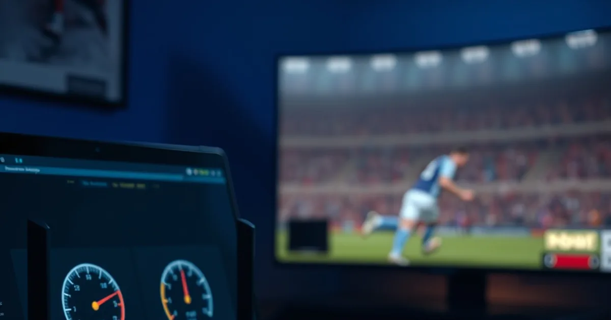 A router and laptop showing contrasting internet speed test results at night, with a football match playing on a TV in the background