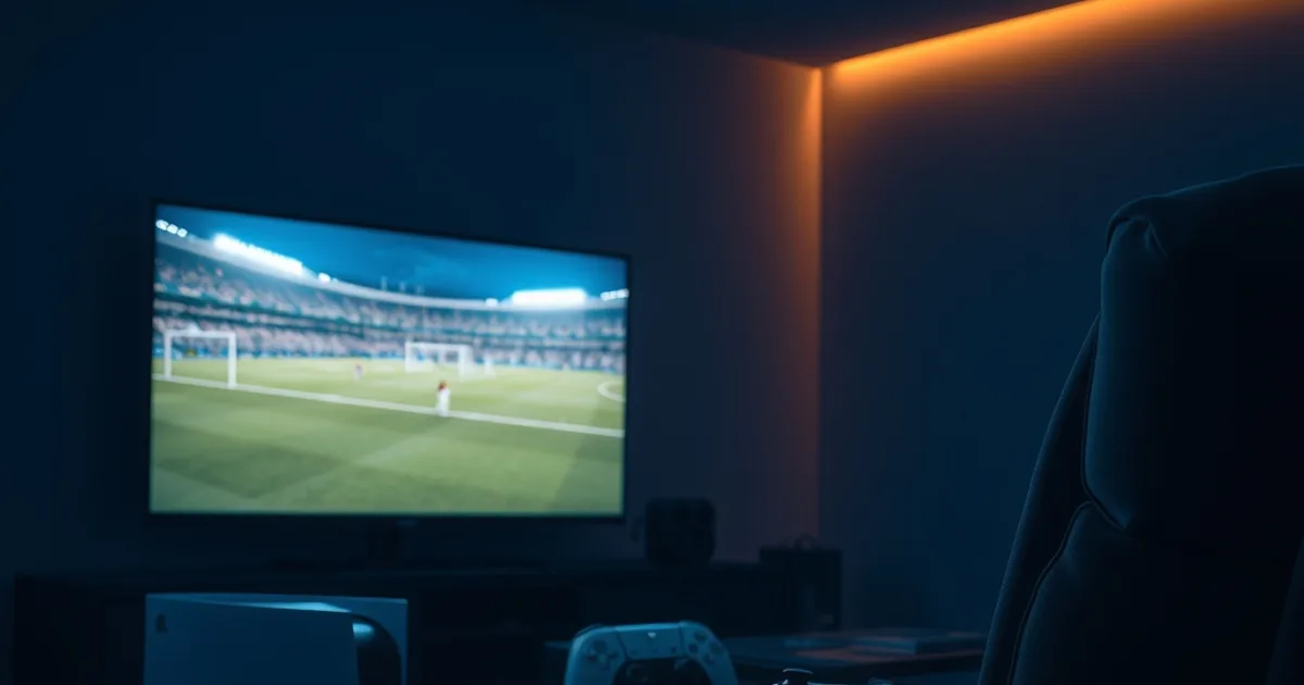 A darkened living room with a PS5 and Xbox console beside a TV playing live football, an ethernet cable connecting to a nearby router