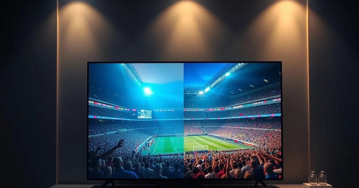 A dark living room television showing a split comparison between a sharp 4K broadcast and a softer 1080p version of the same stadium scene