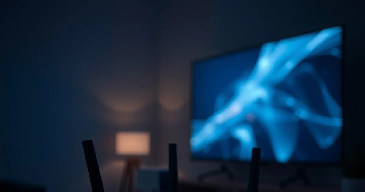 A WiFi 6 router glowing with status lights in a dark room, with a streaming TV visible softly in the background