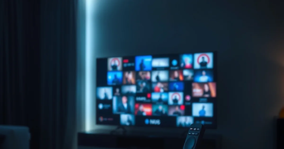 A modern smart TV glowing in a dark living room, displaying a grid of channel tiles, with a remote control resting on a table in the foreground