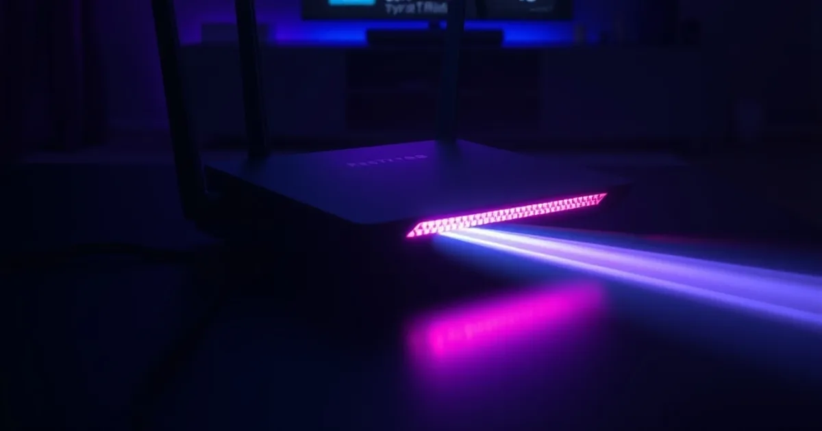 A glowing router sending an encrypted light trail across a dark room toward a wall-mounted television, symbolizing a VPN-protected IPTV connection