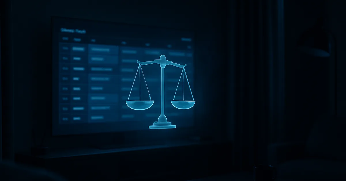 A dark living room lit by a streaming TV screen, with a faint holographic scale-of-justice symbol hovering in the air beside it, evoking the theme of IPTV legality.