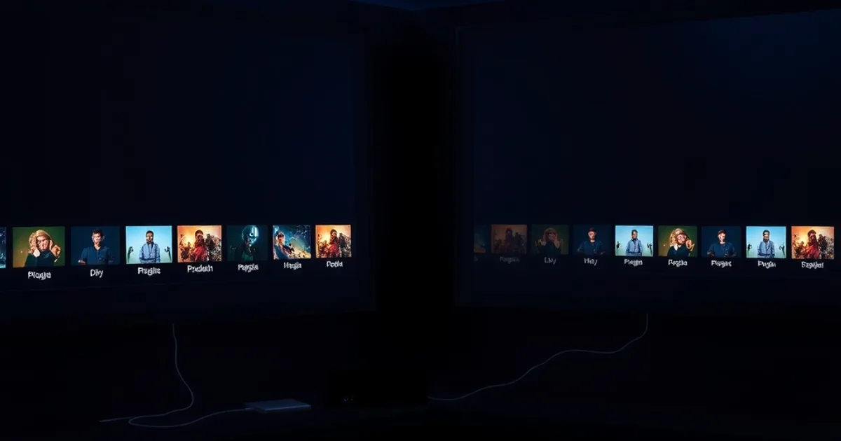 Two glowing television screens in a dark home theater display live program guides side by side, connected by cables to a small streaming box, symbolizing a comparison between two IPTV connection methods.