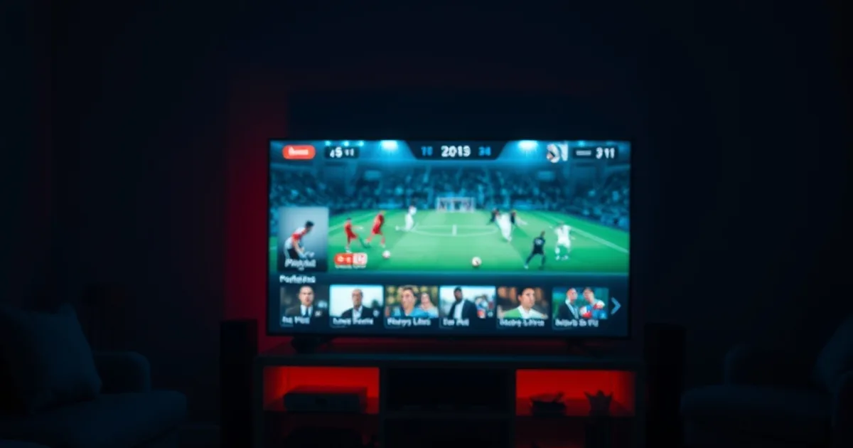 A single glowing TV screen showing a unified grid of live sports next to several dark, unused phone and tablet screens in a dim living room