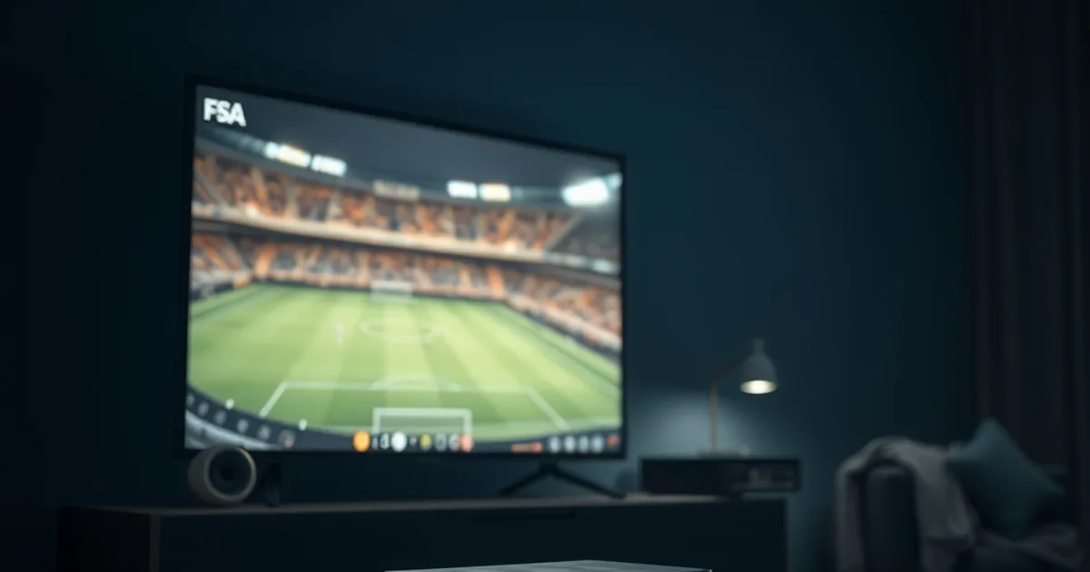 A glowing TV showing a live soccer match at night beside an unused stack of antenna and server hardware, dark cinematic home theater scene