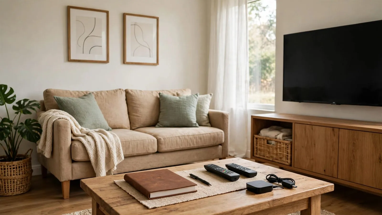 Quiet family living room setting with a cushioned sofa facing a switched-off TV screen.